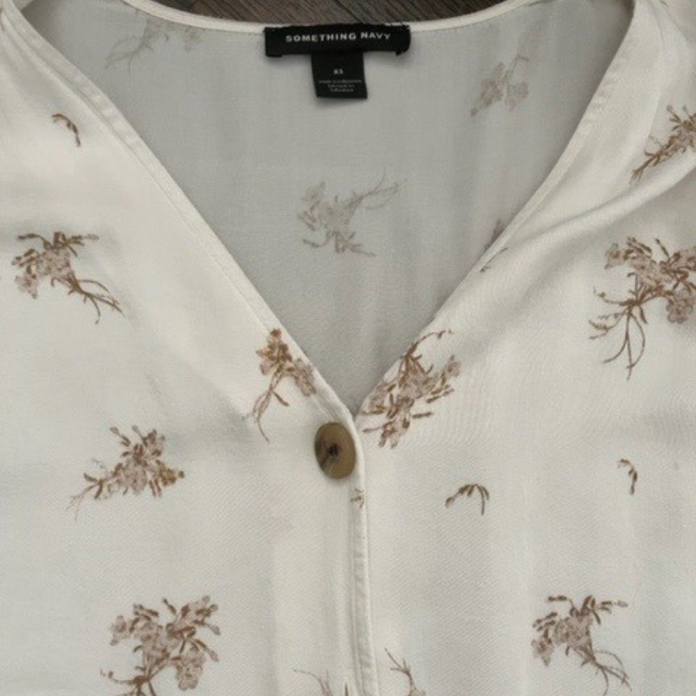 Something Navy Pretty Button Down V-Neck Shirt Xs - image 2